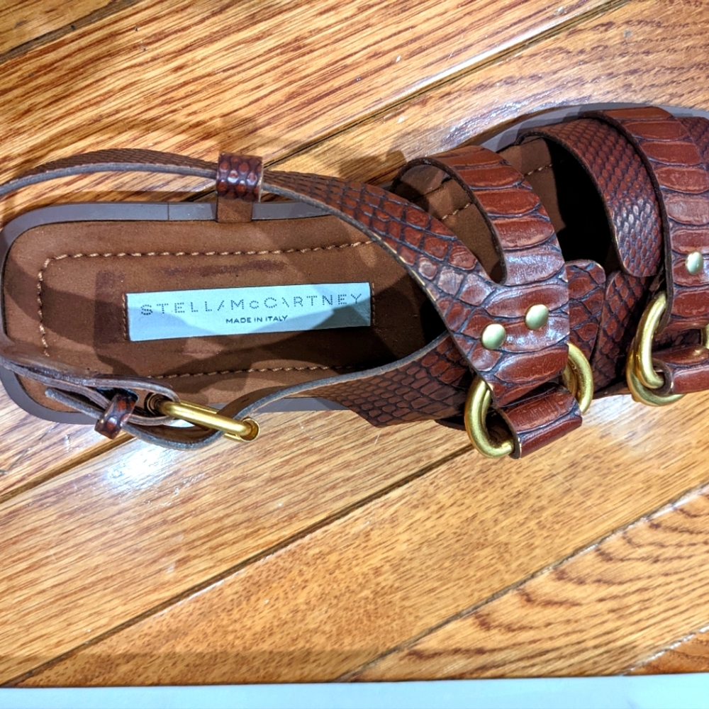 Stella McCartney Faux Croc Buckle Flat Sandals Brown 7.5